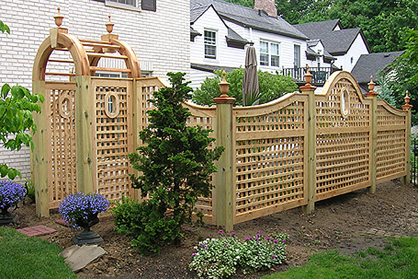  Square Lattice Wood Fence With Portholes &amp; Garden Arch by Elyria Fence